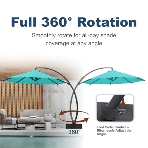 11FT Cantilever Umbrella with Base Large Curvy Outdoor Aluminum Offset Umbrella w/ 360° Rotation, UV Resistant Canopy for Patio, Garden, Backyard, Aqua Blue - color: Aqua Blue, size: 11FT