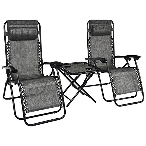 Giantex 3 PCS Zero Gravity Chair Patio Chaise Lounge Chairs Outdoor Yard Pool Recliner Folding Lounge Table Chair Set (Gray) - color: Grey