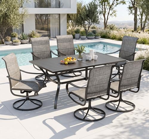 PHI VILLA 7 Piece Patio Dining Set for 6, 1 Large Metal Table and 6 Outdoor Dining Chairs with High Back and Padded Textilene, Outdoor Furniture Set for Garden, Yard - color: Brown Padded Fabric, size: 60"L x 38"W x 28"H-Metal-7 Piece