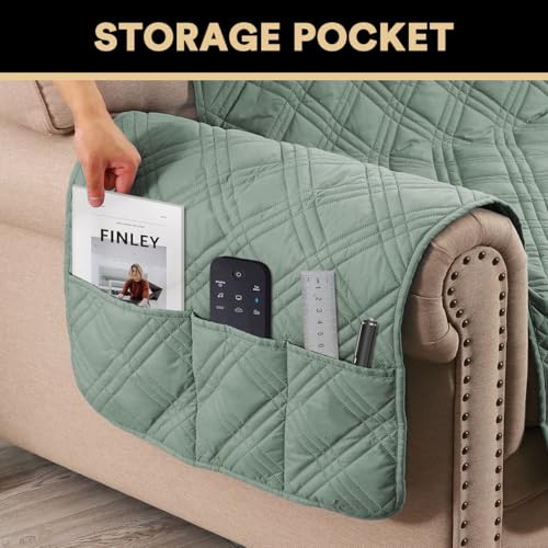 PrinceDeco 100% Waterproof Loveseat Covers for 2 Cushion Couch Sofa Covers Waterproof and Washable Sofa Slipcover with Side Pocket Furniture Protector with Elastic Straps(Loveseat 48", Lily Pad) - color: Lily Pad, size: Loveseat