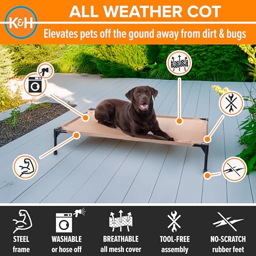 K&H Outdoor Elevated Dog Bed - Cooling Raised Dog Bed for Medium & Large Pets, Breathable Mesh Hammock Design, Indoor/Outdoor Washable Cover, Portable Metal Frame, Tan, Large 42x30in - color: Tan Mesh, size: Large 42"L x 30"W