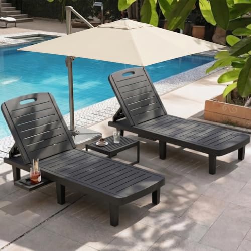 WACASA Outdoor Chaise Lounge Chairs Set of 2, Oversized Lounge Chairs with 5-Level Adjustable Backrest & Cup Holder, Resin Waterproof Pool Lounge Chair for Poolside, Patio, Beach, Yard, Black - color: Black, size: Set of 2