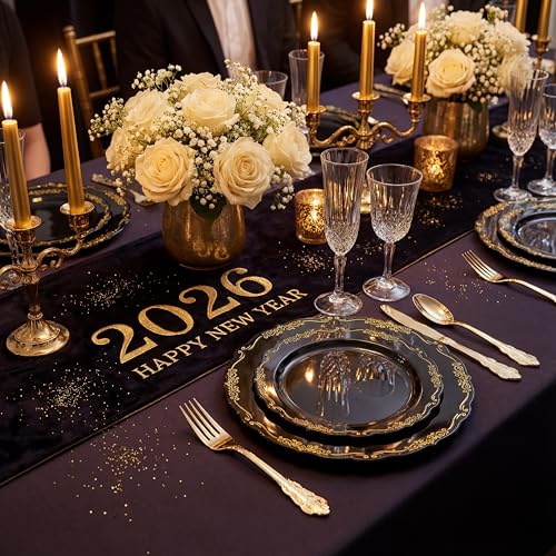 U-QE 100PCS Black and Gold Plastic Plates - Heavy Duty Black Disposable Plates Including 50PCS 10'' Dinner Plates & 50PCS 7.5'' Dessert Plates - Hard Plastic Plates for Party - color: Black/Gold