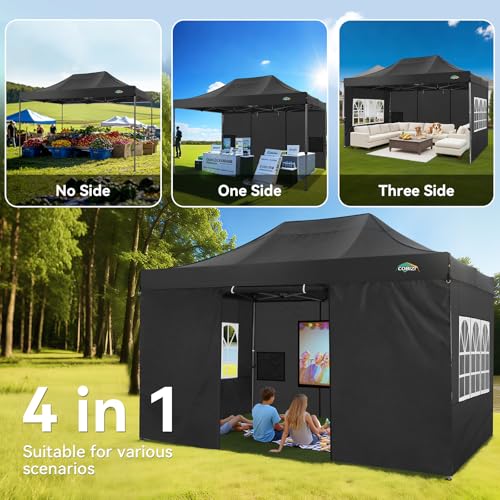 COBIZI 10x15 Heavy Duty Pop Up Canopy Tent with 4 Sidewalls Thicken Frame, Commercial Easy Up Outdoor Wedding Party Tents, All Season Waterproof Windproof with Stakes Sandbags Ropes Bag, Black - color: Black, size: 10x15