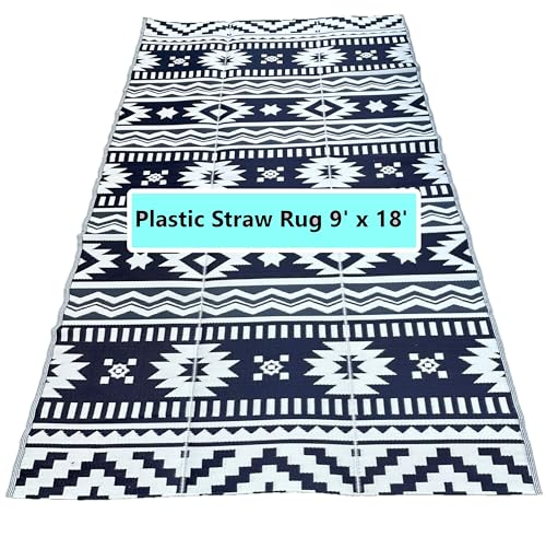 Outdoor Rugs–9x18 Plastic Patio Decor Grey Dark Blue, Durable and Affordable Recycled Straw Picnic All-Weather and Waterproof Reversible Camper Awning mats 7582 - color: Blue, Grey, size: 9' x 18' (Rectangular)
