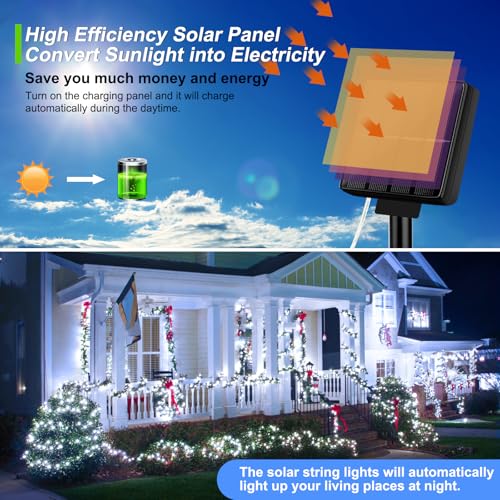 Brightever Solar String Lights, 2-Pack Total 80FT 200LED Solar Fairy Lights with 8 Lighting Modes, Solar Lights Outdoor Waterproof for Christmas Wedding Party Tree Yard Decoration (Daylight White) - color: White, size: 2Packs（40FT 100LED）