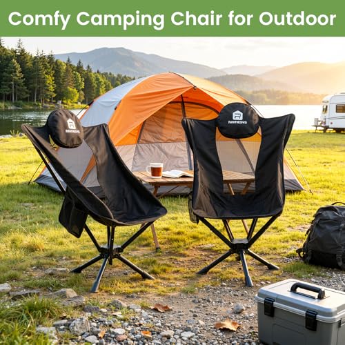 Raynesys 360° Rotation Camping Chair, Compact Hiking Chair with Cup Holder & Storage Pocket, Portable Folding Chairs for Outdoor Activities, High Back Comfort for Long Sitting, 1 Pack Black