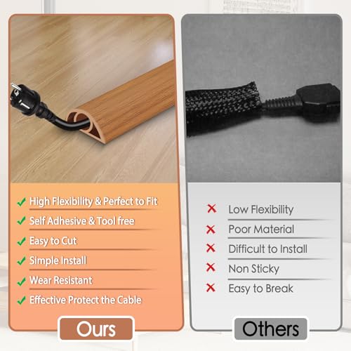 Floor Cord Cover for Wires on Floor Self Adhesive Cord Hider Floor Cable Management Wire Covers for Cords Protector Prevent Cable Trips Cord Cavity W 0.32" x H 0.32", Brown Wood, 10Ft - color: Brown Wood, size: 0.78 In x 10 Ft