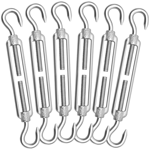 6Pcs M6 Hook & Hook Turnbuckle, 304 Stainless Steel Shade Sail Hardware Kit, Heavy Duty Wire Rope Tensioner, Bright Finish, Antirust, for Sun Shade Sail & Cable Railing - color: Silver, size: M6-6PCS