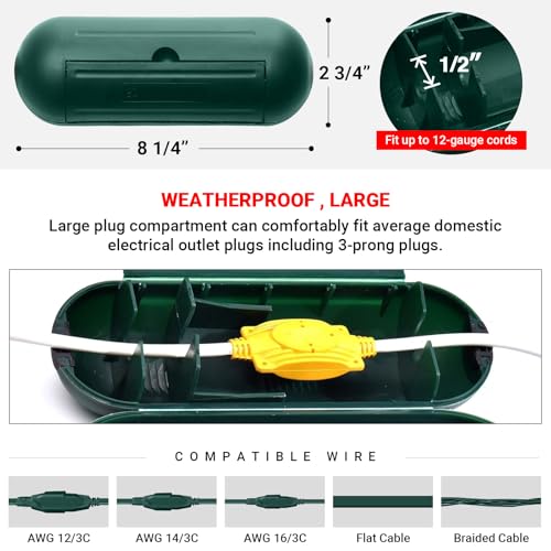 (3-Pack) Outdoor Extension Cord Protective Cover Set for AWG12/14/16 Cords | Water-Resistant Holder for Holiday String Lights, Plugs and Wires | Capsule Shaped Protector with Large Compartment (Green) - color: Green (3-Pack), size: Large (Standard)