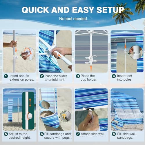 Rhino Valley Beach Cabana, 8 * 8FT Beach Tent UPF50+ Protection, Easy Setup Beach Canopy Wind Resistant with Cup Holder, Compact Beach Shade Foldable Beach Tent Sun Shelter, Blue Four Stripes - color: Blue Four Stripes