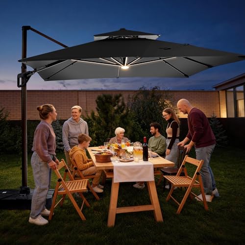 JZAC & QZYD 9x12 FT Outdoor Cantilever Patio Umbrella with LED Lights, Large Heavy Duty 2-Tier Aluminum Offset Umbrellas with 360-Degree Rotation for Pool Deck, Grey - color: Grey, size: 9'×12'