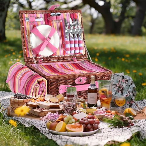 Picnic Basket Set for 4 with Waterproof Blanket Mat Insulation Bag Wicker Pink Stripe Classic Fresh Gift for Christmas Thanksgiving Wedding Birthday Camp Outdoor Beach Travel - color: Pink Stripes