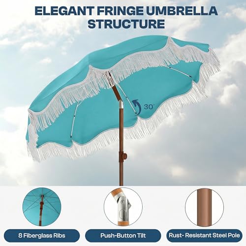 7ft Patio Umbrella with Fringe, Boho Beach Umbrellas, Outdoor Tassels Umbrellas with Push Button Tilt & Carrying Bag, 8 Windproof Fiberglass Ribs, UPF50+ - color: Light Blue