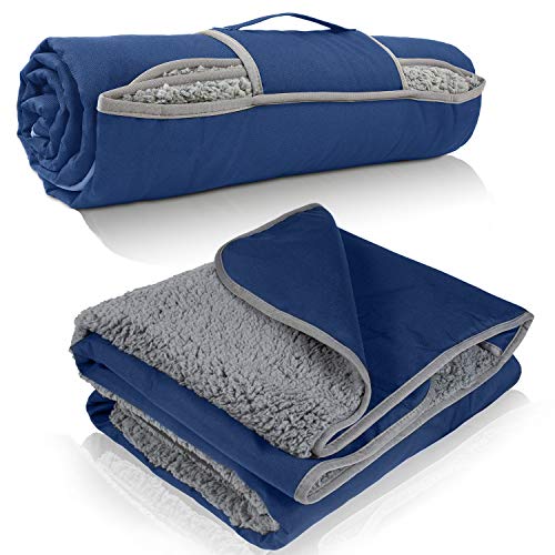 Tirrinia Waterproof Outdoor Blanket with Sherpa Lining, Windproof Triple Layers Warm Comfy Foldable for Camping Stadium, Beach, Picnic, Grass, Concerts, Car, Dog, 51''X 59'' & 59''X 80'' - color: Navy/Grey, size: 51” x 59”