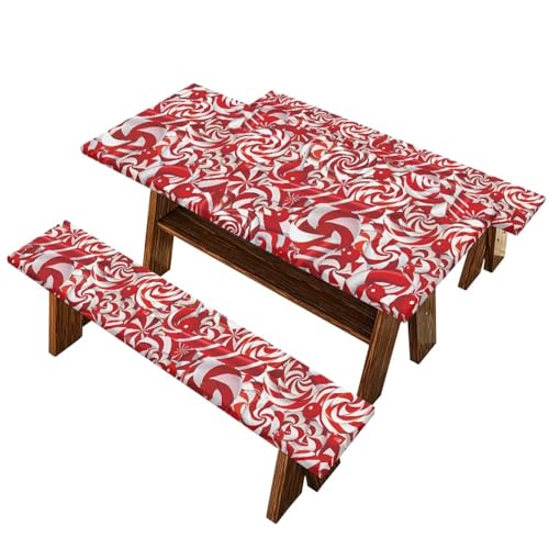 Xmas Elastic Fitted Table Cloth for Camping Party Supplies 3 PCS Set Christmas Swirl Candy Outdoor Picnic Table Cover with Bench Covers - color: Christmas Swirl Candy, size: Small