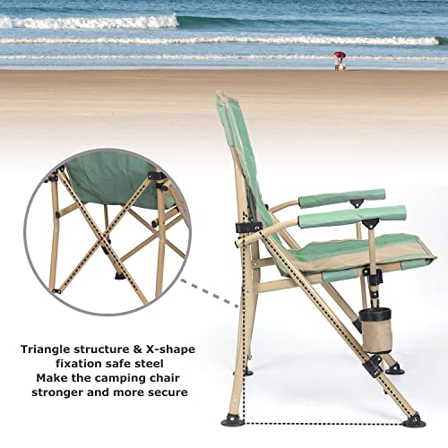 XGEAR Camping Chair with Padded Hard Armrest, Sturdy Folding Camp Chair with Cup Holder, Storage Pockets Carry Bag Included, Support to 400 lbs - color: Green With Khaki