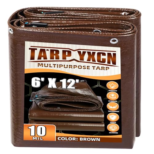 Brown Tarp 6x12 Feet, 10 Mil Thick Waterproof Poly Tarps Cover UV Resistant, Rip & Tear Proof with Metal Grommets Every 20 Inches - color: Brown, size: 6x12 Ft
