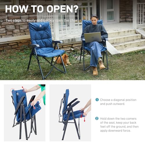 EVER ADVANCED Folding Padded Camping Chair 4 Positon Adjustable Recliner with High Back Support Portable for Adults, 300lbs Weight Capacity, Blue - color: Blue