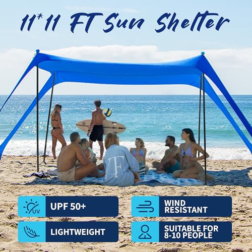 AMMSUN Beach Tent Sun Shelter, 11x11 FT Beach Canopy Tent Sun Shade with 4 Sand Anchor & Sand Bags | UPF 50+ Protection | 4 Thickened Poles | Windproof & Lightweight for Camping, Blue - color: Blue, size: 11x11 FT (4 Pole)