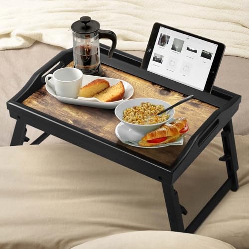 Bed Tray Table Breakfast Trays Serving Tray Bamboo Bed Laptap Floding Legs with Handles and Phone Holders - color: 1 Pack