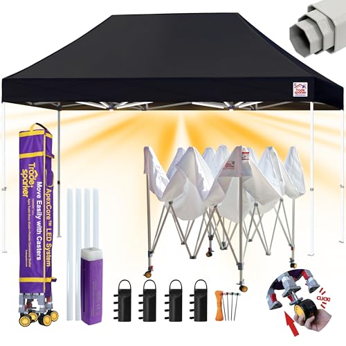 Tradesparker 8x12 Pop Up Canopy Tent,Commercial Movable Canopy with ApexCore LED&Rugged Casters-Instant Easy Setup Shelter Canopies with Weight Bags&Stakes for Outdoor Events Markets Vendors,Black - color: Black, size: 8x12