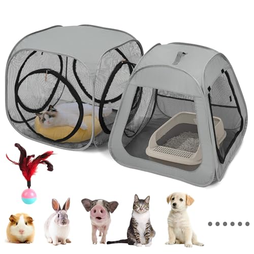 Portable Cat Playpen, Trapezoidal Design for Better Standing, Foldable Pet Tent for Indoor and Outdoor Use of Kitten and Puppy, Dog Play Enclosure with Removable Bottom, Cat Houses & Condos - color: Grey-Cube with Fabric