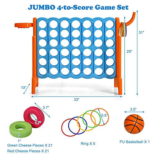 Costzon Giant 4-in-A-Row, Jumbo 4-to-Score Giant Game w/Basketball Hoop, Ring Toss, Quick-Release Slider, 42 Jumbo Rings, Indoor Outdoor Family Connect Game for Kids & Adults, Backyard Games, Orange - color: Baby Blue/Orange