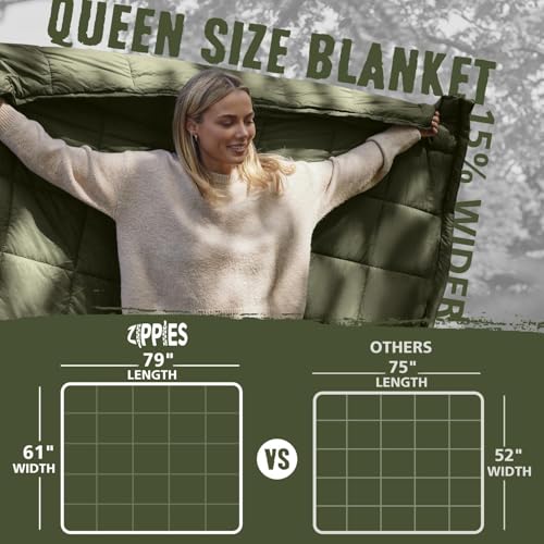 ZIPPIES 3M Thinsulate Insulation Puffy Camping Blanket for Cold Weather, Queen Size Warm Camping Quilt with Zipper, Waterproof Outdoor Sleeping Bag for Hammock, Cozy & Versatile Gift for Men and Women - color: Olive