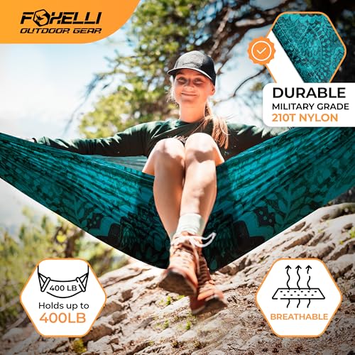 Foxelli Camping Hammock – Ultralight Hammock for Backpacking, Hiking, Festivals, Travel - Easy Setup with Tree-Friendly Ropes & Steel Carabiners, Heavy Duty Parachute Nylon - color: Mandala