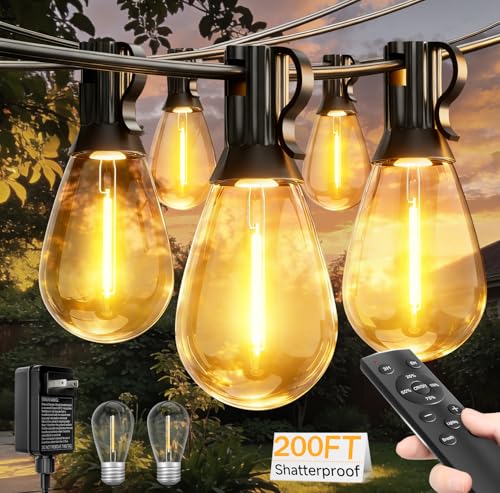 Tenmiro 200FT LED Outdoor String Lights with Remote, 72+2 Shatterproof Bulbs Dimmable Timing 3 Light Modes Outside Patio Lights for Backyard Porch Deck Garden Balcony Pool party Hanging Lighting Decor - size: 200FT-Remote