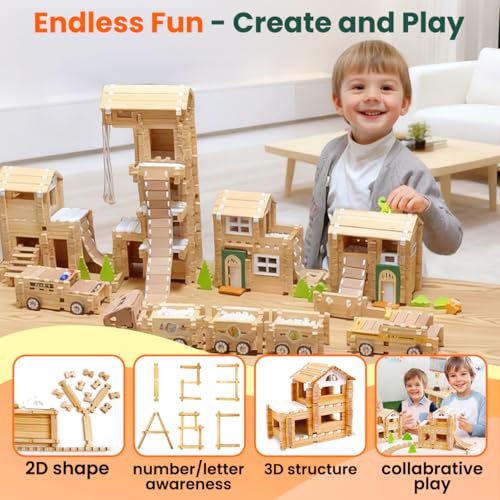 Jovi-mindly＆Notchies New 206 PCS Wooden Blocks Wooden Toys with House and Car, Preschool Learning Toys Wood Blocks Building for Kids Ages 4-8 Creative Construction Game,Birthday Toys Gifts - style: City Builder