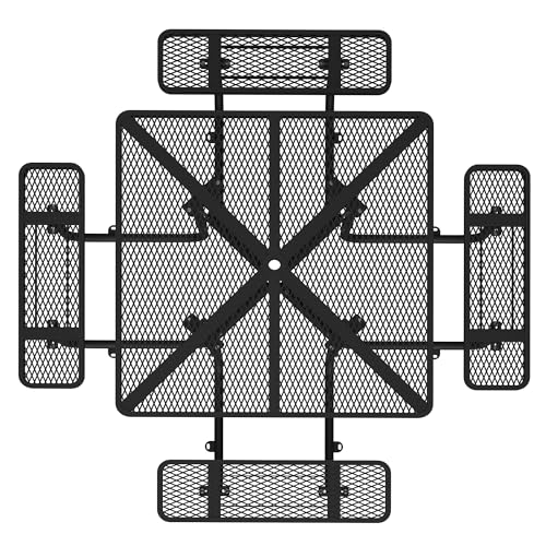 46" Square Metal Picnic Tables for Outdoors with Umbrella Hole - Coated Steel Heavy Duty Commercial Grade Table with Seats, Patio Furniture Set for a Lifetime, Black - color: Black-square