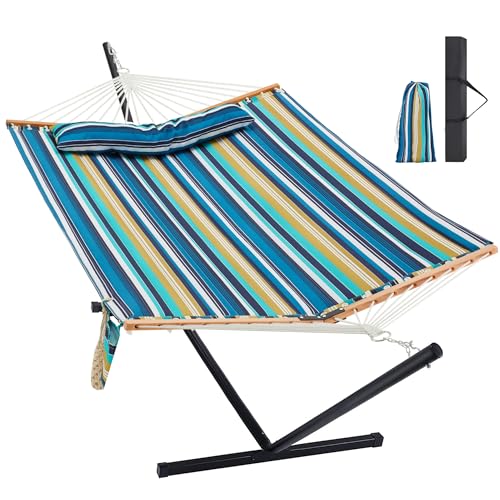 Homgava Two Person Hammock with Stand for Outside Heavy Duty, Outdoor Patio Hammock with Portable Steel Stand, Large Double Hammocks,480lbs Capacity.(Middle Blue Stripes) - color: Middle Blue Stripes