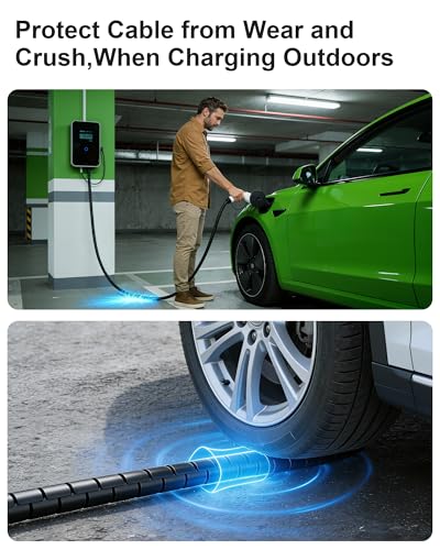 EV Charger Cable Protector 26FT, 7/8 inch Car Charging Cable Flexible Wire Covers Cord Protectors- Durable and Anti-Wear, Prevents Pet Chewing, Door Crush, and Concrete Scratches