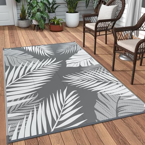 GENIMO Outdoor Rug 3' x 5' Waterproof for Patios Clearance, Reversible Outdoor Plastic Straw Camping Rug Carpet, Large Area Rugs Mats for RV, Camper, Deck, Balcony, Porch, Beach, Picnic, Grey&White - color: Grey & White | Waterproof, size: 3' x 5' (Rectan
