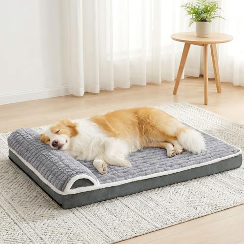 Orthopedic XL Dog Bed Large Sized Dog with Pillow 42''X28'', Waterproof Soft Comfortable Egg Crate Foam Pet Crate Beds Mat with Removable Washable Cover and Non-Slip Bottom, Grey - color: Grey, size: 42"l X 28"w X 3.5"th