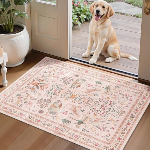 Pink Rug Door Mat Indoor Entrance, 2x3 Rug Washable Boho Floral Botanical Animal Small Area Rug, Non-Slip Low Pile Throw Rugs for Kitchen Front Door Indoor Entrance Entry, Laundry, Bathroom - color: B#beige (Animal), size: 2' x 3' (Rectangular)