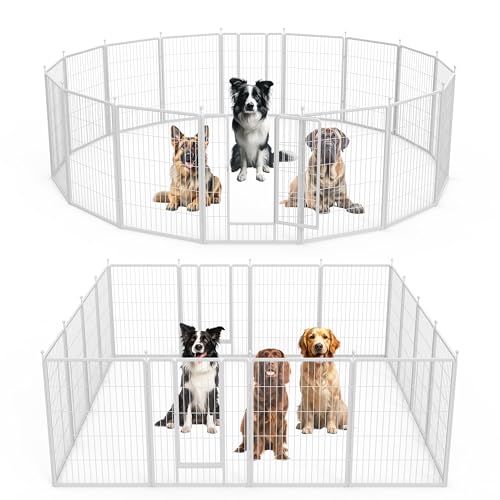 Simple Deluxe Dog Playpen, 40" Height 16 Panels Fence with Anti-Rust Coating, Metal Heavy Portable Foldable Dog Pen for Medium/Large Dogs RV Camping, White - color: White, size: 16 Panels 40 inch, style: Metal