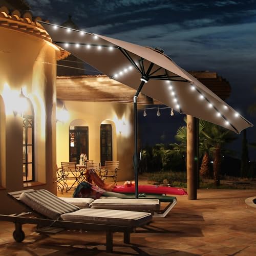 GDY 10Ft Patio Umbrella, Table Umbrella with 40 LED Lights, Outdoor Umbrellas for Patio, with Tilt and Crank, Center Light, for Garden, Deck, Backyard, Pool, and Beach. - color: Coffee