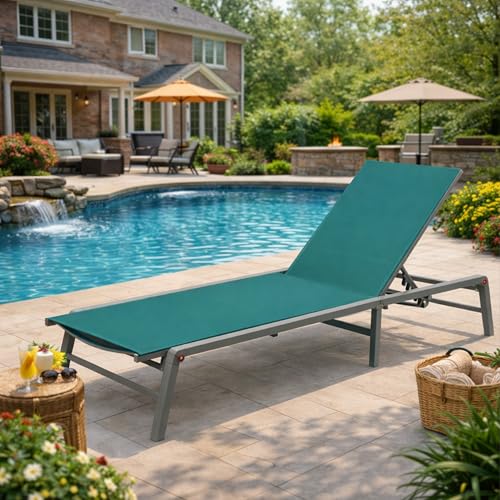 Kozyard Outdoor Foldable Lounge Chair, Aluminum Frame Patio Lounger with 5-Position Adjustable Backrest, Breathable Textilene Fabric, Assemble-Free, Reclining Full-Flat Poolside(MintGreen, No Table) - color: Mintgreen
