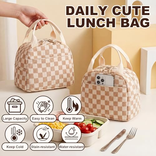 LEDAOU Insulated Lunch Bag women Corduroy Small Lunch Box for Women with Front Pocket Leakproof Cooler Checkered Cute Adult Gilrs Lunch Box for Work School Picnic - color: A-Brown Checkered
