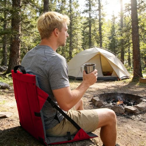 Folding Stadium Seat Cushion with Backrest, Portable Bleacher Pad for Camping, Fishing,15.8'' x 16.5'',Lightweight Chair with Backrest for Outdoor Sports and Concerts - color: Grey and Red