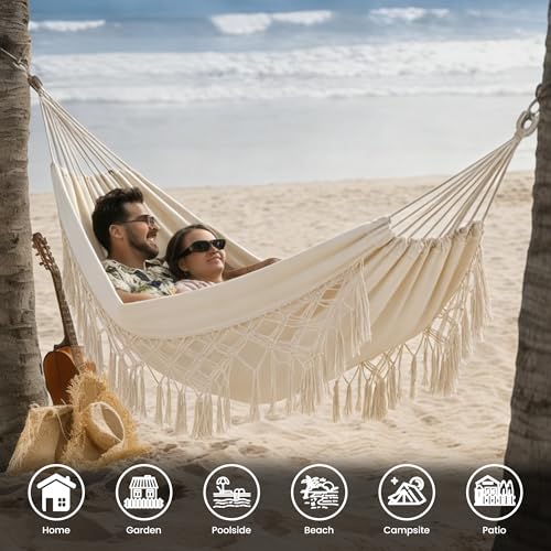 Lazy Daze Hammocks Double Brazilian Cotton Hammock, Extra Large Portable Outdoor Camping Hammock with Tree Straps & Travel Bag for Backyard Patio Poolside Indoor, 550lbs Capacity, Beige - color: Beige