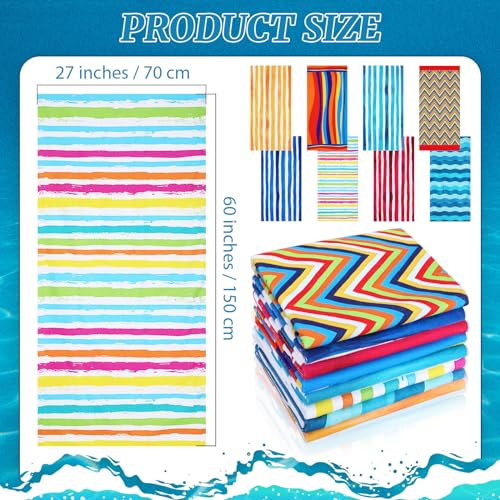 Mixweer 8 Packs Microfiber Beach Towel Bulk 60 x 28 Inch Sand Free Travel Large Microfiber Pool Swim Multi Style Beach Towel Blanket for Adult on Vacation Accessories(Striped Style) - style: Striped Style