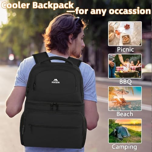 MATEIN Cooler Backpack, 26 Cans Insulated Lunch Backpack for Men Women, Leakproof Double Layer Lunch Cooler Bag Lightweight Soft Lunch Backpack with Cooler Compartment, Beach Camping Hiking Beer Gifts - color: Black, size: 40 Cans