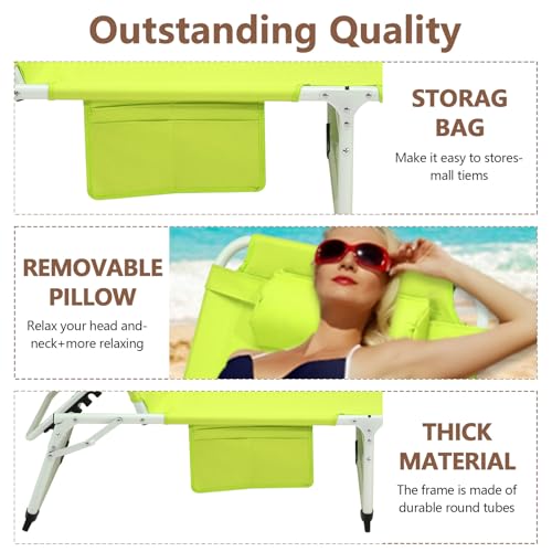 3-in-1 Heavy Duty Tanning Chair with Face Hole Adjustable 5-Position Folding Chaise Lounge Chairs Portable Lay Flat Beach Lounge Chair for Outdoor Sunbathing Patio Pool Lawn Camping Deck (Green) - color: Yellow