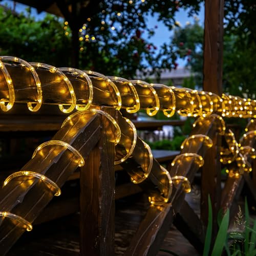 Solar Rope Lights, 2 Pack Total 66ft 200LED Solar String Lights, 8 Modes Waterproof Solar Powered Outdoor Light, Flexible Clear Tube Light for Garden Yard Patio Deck Porch Pool Tree Decor - Warm White - color: Warm White, size: 2*33ft