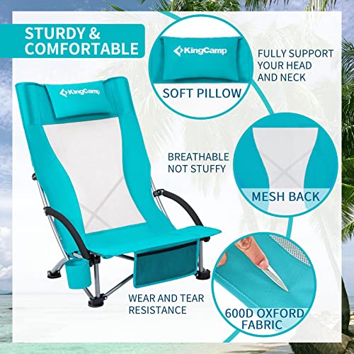 KingCamp Folding Beach Chair 2 Pack High Back Lightweight Portable Backpack Chair with Headrest, Cup Holder for Camping Outdoor Sand Concert Lawn Festival Sports, Cyan - color: Cyan-high Back-2 Pack