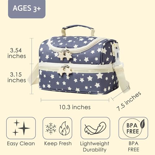 Kids Dual Compartment Lunch Bags Tote for Boys Girls Toddler Lunch Boxes Pre-School Toddler Kindergarten Picnic Camp Food Cooler Thermal with Strap (Yellow Star) - color: Yellow Star